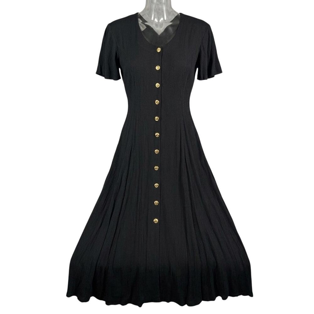 Betsy Lauren Vintage 90s Black Rayon Maxi Dress Gold Sun Buttons Women’s Size 8
